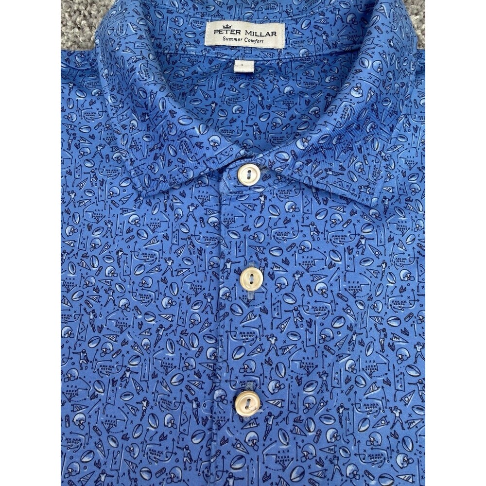 Peter Millar Summer Comfort Polo Game Day AOP Performance Football Blue Men's L
